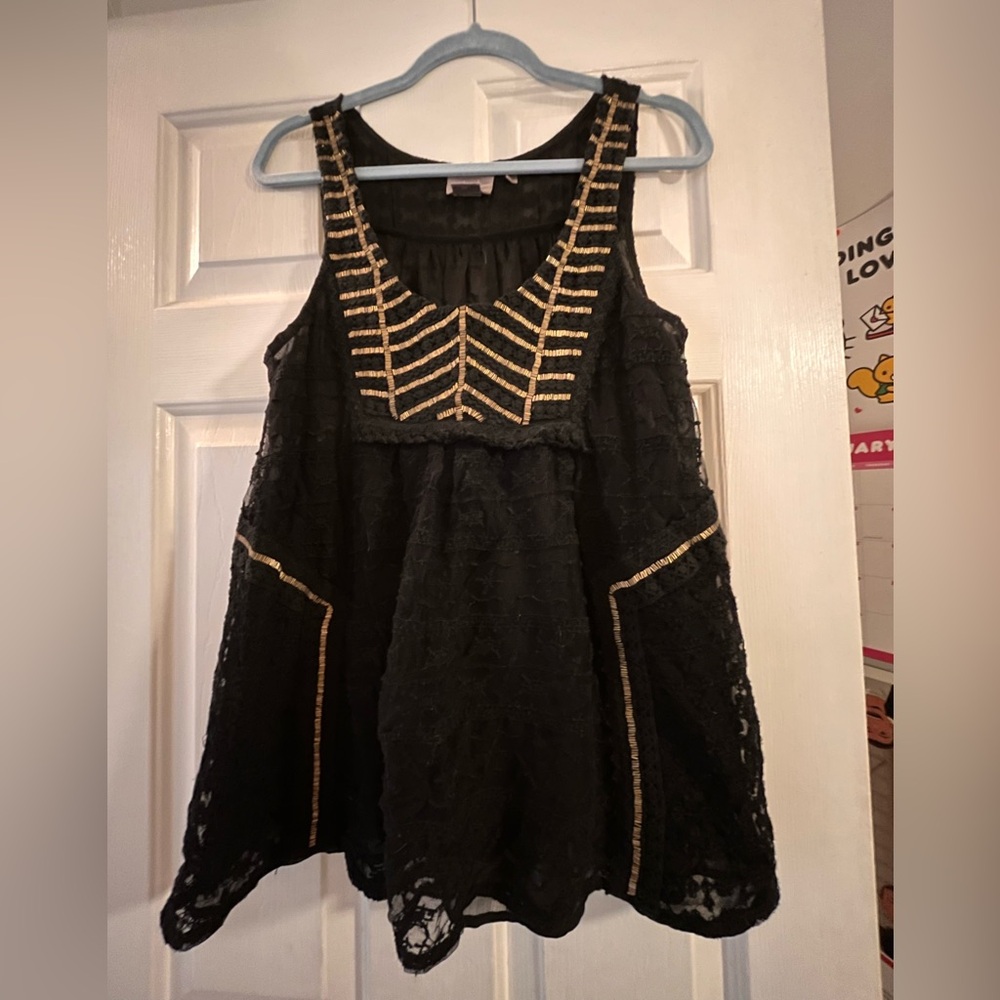 Anthropologie black casual tank top, embroidered with lace and beads
